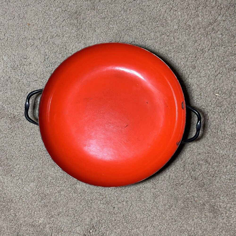 Vintage Huta Silesia Red/Black Saute Pan Paella Enamelware 10"